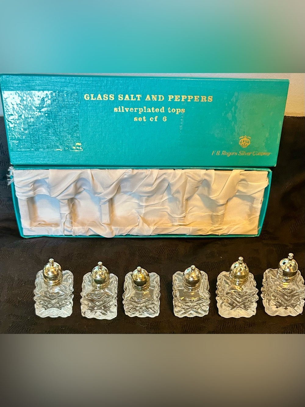 Vintage F. B. Rogers Silverplate & Glass
Salt Pepper Shakers Set of 6 w/Box